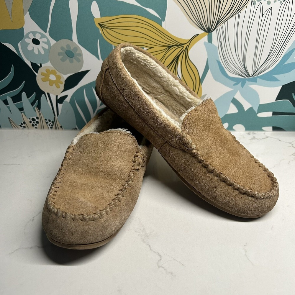 Lands' End Womens 8 Suede Leather Moccasin Slippers English Tan
